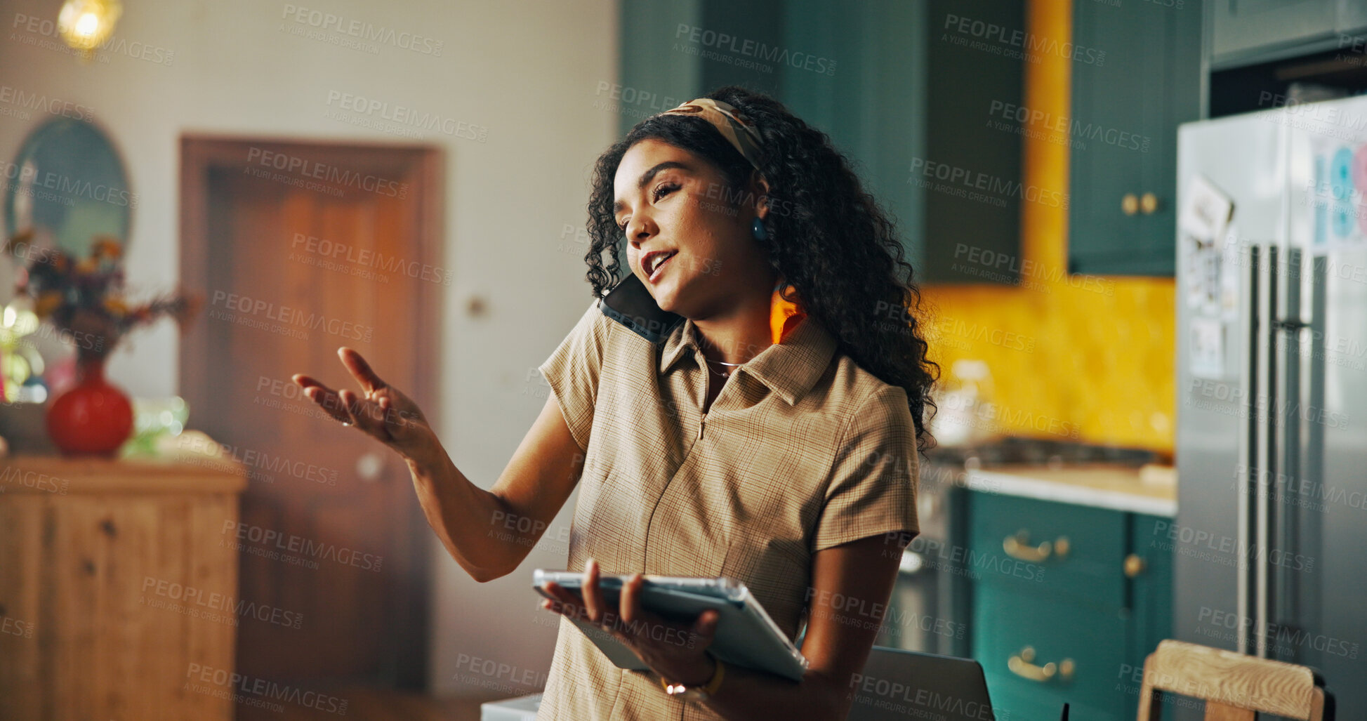 Buy stock photo Explain, phone call and tablet with remote work woman in kitchen of home for small business planning or research. App, ideas and startup with freelancer in apartment for professional development