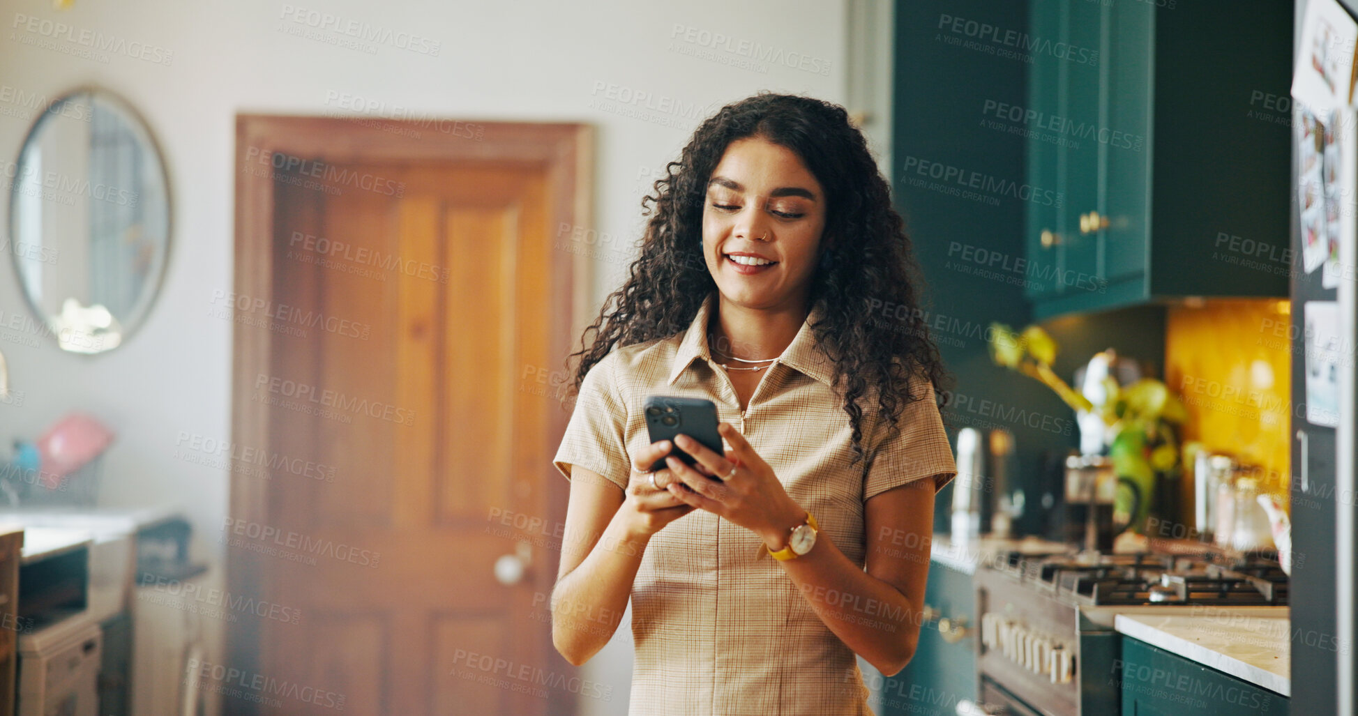 Buy stock photo Home, woman and online with mobile for chat, check message and communication on social media. House, female person and connection with smartphone for application, text or internet browsing in kitchen