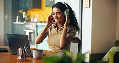 Buy stock photo Headphones, laptop and woman in home with remote work for creative magazine agency with project. Audio tech, computer and female critic editor streaming music, album or playlist for online review.