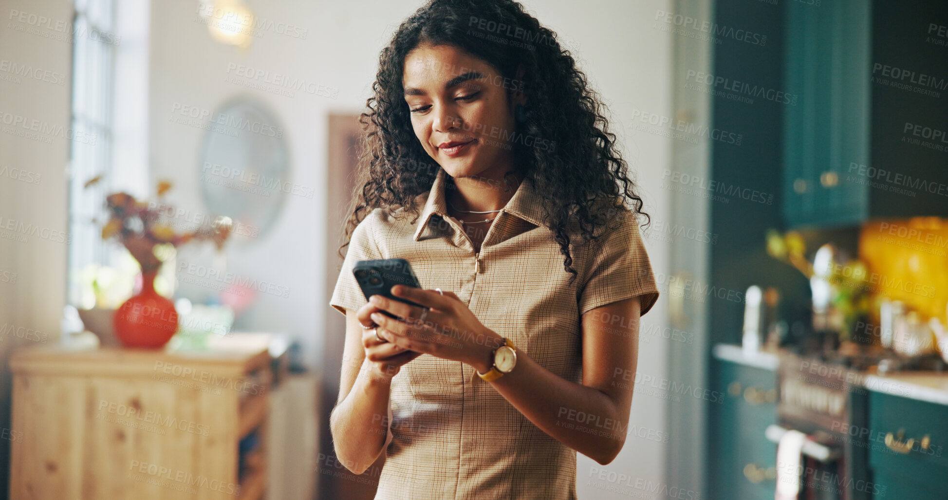 Buy stock photo Home, woman and online with smartphone for chat, check message and communication on social media. House, female person and connection with mobile for application, text or internet browsing in kitchen