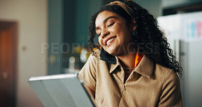 Buy stock photo Remote work from home, phone call and woman with tablet, connection and creativity. Person, freelancer and journalist with tech, smartphone and email with project brief, research for article or smile