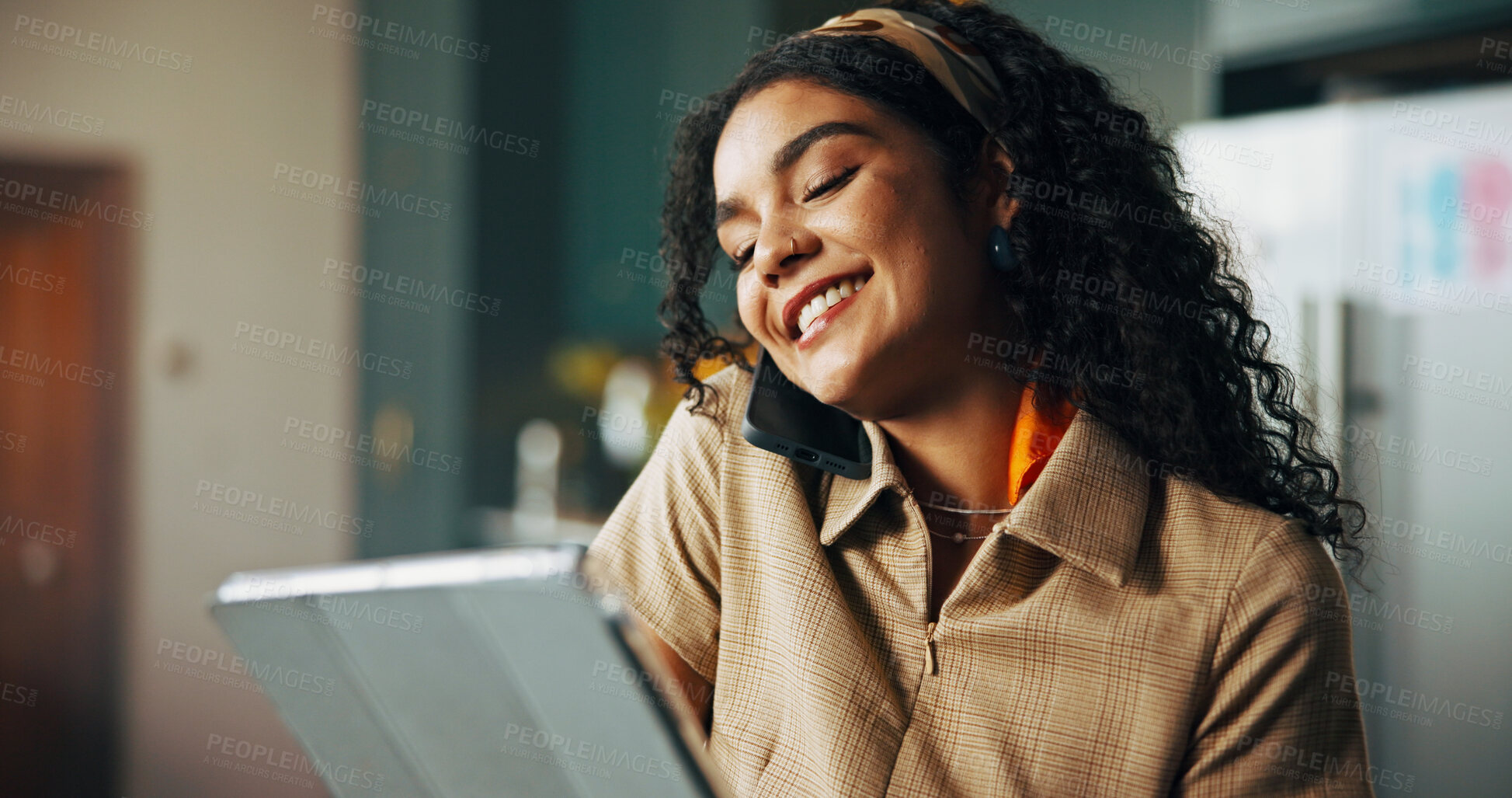 Buy stock photo Remote work from home, phone call and woman with tablet, connection and creativity. Person, freelancer and journalist with tech, smartphone and email with project brief, research for article or smile