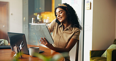 Buy stock photo Woman, phone call and tablet with remote work from home, online media job or check notification in kitchen. Person, writer and journalist with smartphone, touchscreen or contact for lead with article