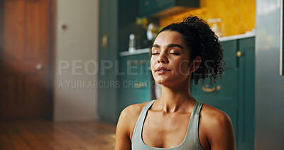 Buy stock photo Fitness, meditation and yoga with woman in kitchen of home for balance, health or holistic routine. Chakra, exercise and inner peace with yogi person on floor in apartment for awareness or breathing