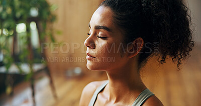 Buy stock photo Exercise, meditation and yoga with woman in home for balance, wellness or holistic routine. Awareness, inner peace and mindfulness with calm yogi person in apartment for fitness, mental health or zen