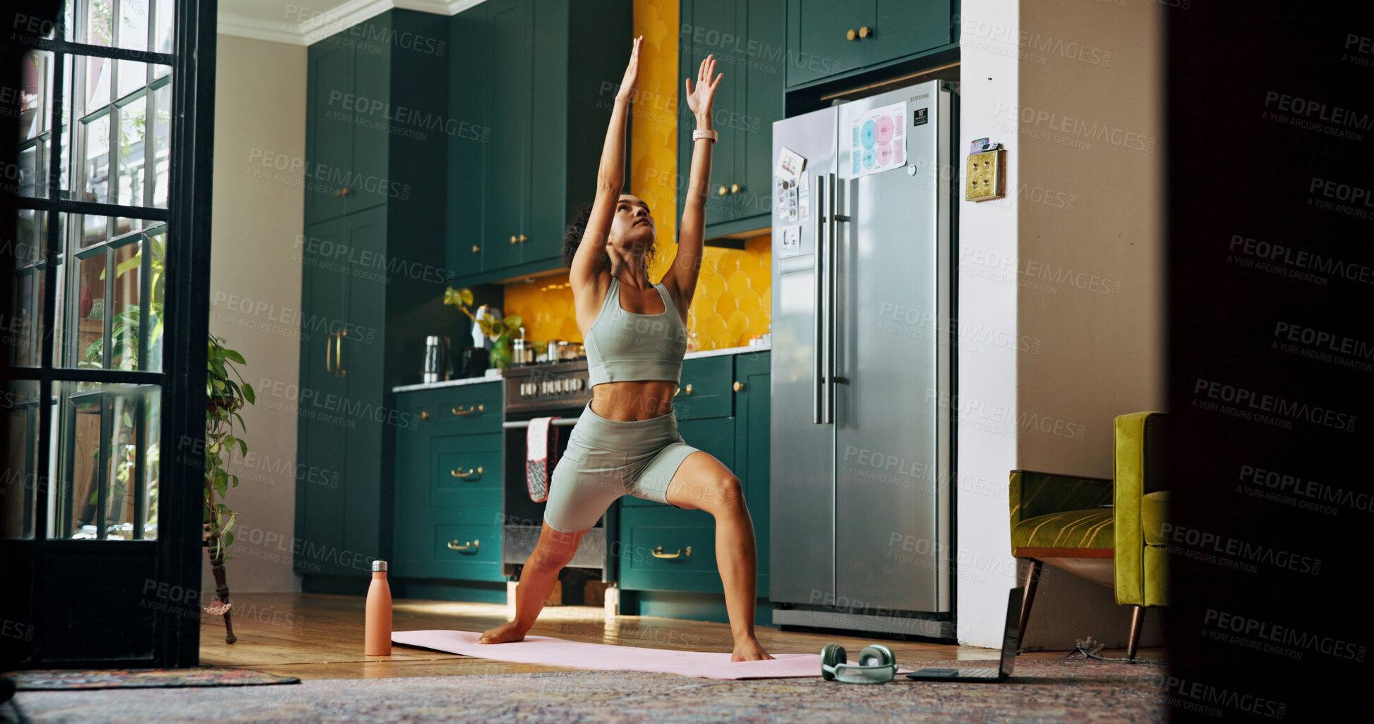 Buy stock photo Fitness, stretching and yoga with woman in kitchen of home for balance, health or holistic routine. Chakra, stress relief and wellness with yogi person on floor in apartment for exercise or wellbeing