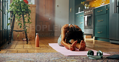 Buy stock photo Fitness, stretching and yoga with woman on floor of home for balance, health or holistic routine. Chakra, morning and warm up with yogi person in kitchen of apartment for exercise or wellbeing