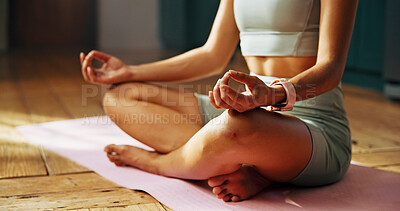 Buy stock photo Fingers, yoga and lotus on floor in home, start and pose with mudra for routine, wellness and balance. Person, hands and meditation with chakra, zen and mindfulness for peace in morning at apartment
