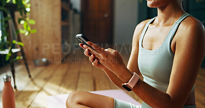 Buy stock photo Home, woman and fitness with smartphone for chat, check message and workout video on social media. House, female person and connection with mobile for application, exercise tips and streaming website
