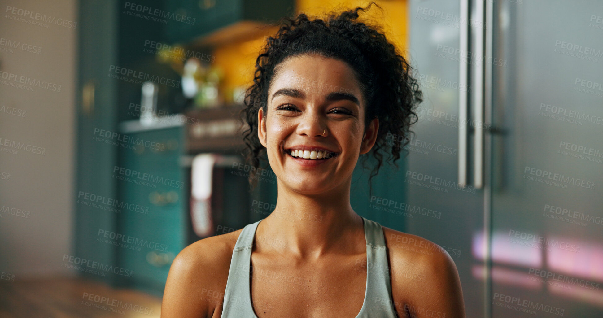 Buy stock photo Portrait, woman and fitness at home for health, happiness and positive mood with exercise. Laugh, cheerful and female person with a smile for workout, wellness and stress relief in house or apartment