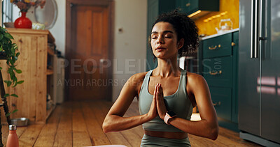Buy stock photo Balance, breathing and meditation with woman in kitchen of home for health, holistic or yoga routine. Chakra, inner peace and stress relief with yogi person on floor in apartment for fitness