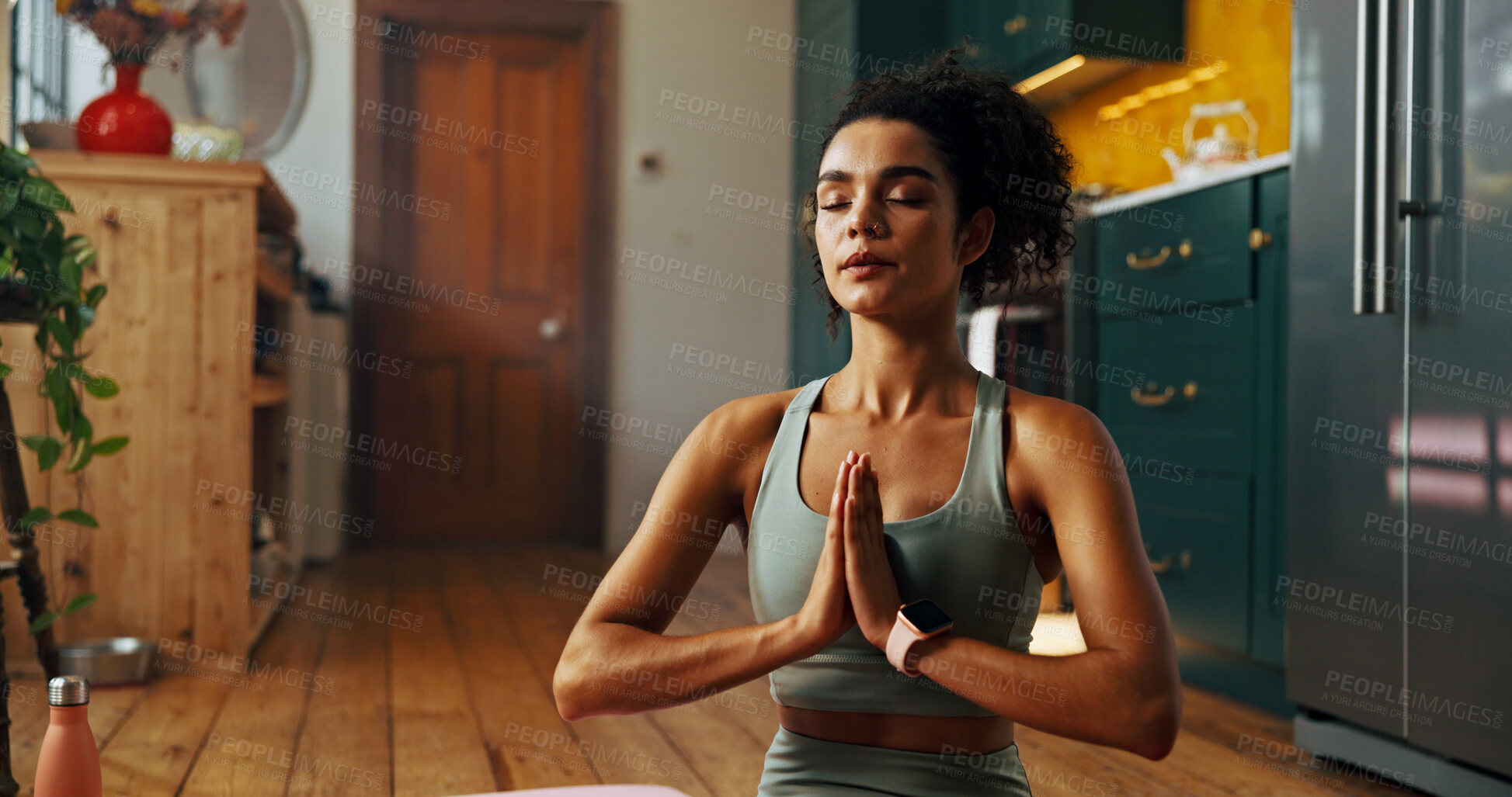 Buy stock photo Balance, breathing and meditation with woman in kitchen of home for health, holistic or yoga routine. Chakra, inner peace and stress relief with yogi person on floor in apartment for fitness