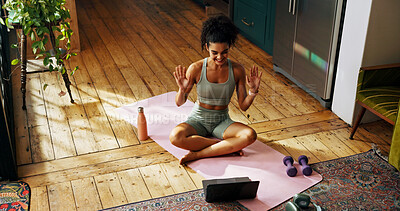 Buy stock photo Fitness, laptop and yoga with woman in kitchen of home for balance, health or holistic routine. Computer, online course and virtual lesson with happy yogi on floor in apartment for meditation