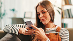Smartphone, relax and woman on sofa in home with networking, communication or contact on mobile app. Happy, phone and female person texting on social media for online conversation in living room.