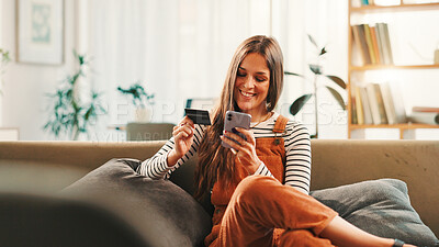 Buy stock photo Happy, woman and phone with credit card at house for payment, online shopping and banking information. Person. mobile app and pin for financial transaction, ecommerce purchase and investment website