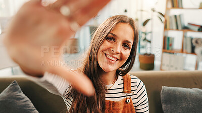 Buy stock photo Happy woman, portrait and sofa with selfie for picture, photography or memory at home. Face, female person or influencer with smile or relax for capture moment, social media or post on couch at house