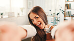 Excited, selfie and portrait of woman in home for relax, calm and break on weekend for social media. Happy, confident and female person with photography for profile picture in living room at house.