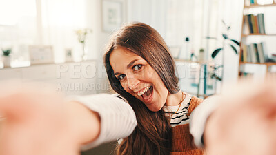 Buy stock photo Excited, selfie and portrait of woman in home for relax, calm and break on weekend for social media. Happy, confident and female person with photography for profile picture in living room at house.