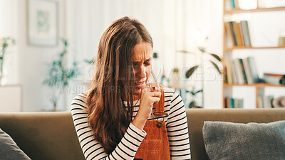 Buy stock photo Home, sick and woman on sofa, cough and disease with illness, pneumonia and bronchitis in living room. Apartment, person and girl on couch, cold or allergies with chest pain, sinus or asthma symptoms