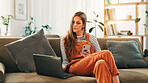 Woman, laptop and phone with person, sofa and living room of home for ecommerce or online shopping. App, communication and computer with customer in apartment for bargain, retail sale or review