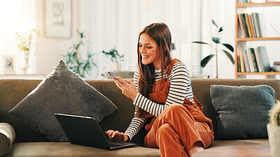 Buy stock photo Woman, phone and smile with laptop, sofa and living room of home for ecommerce or online shopping. App, communication and computer with customer in apartment for bargain, retail sale or review
