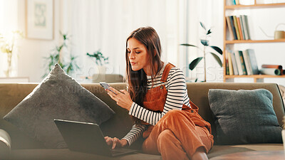 Buy stock photo Woman, phone and search with laptop, sofa and living room of home for ecommerce or online shopping. App, communication and computer with customer in apartment for bargain, retail sale or review