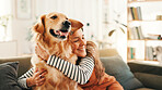 Hug, love or happy woman on sofa with dog, support or companion in house with care or affection. Animal adoption, smile or person in apartment with golden retriever, best friend or pet for bonding