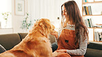 Dog, bonding or happy woman in home with support, smile or companion in lounge with care or love. Animal adoption, playing and girl on couch with golden retriever, best friend or pet for training
