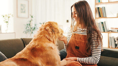 Buy stock photo Dog, bonding or happy woman in home with support, smile or companion in lounge with care or love. Animal adoption, playing and girl on couch with golden retriever, best friend or pet for training