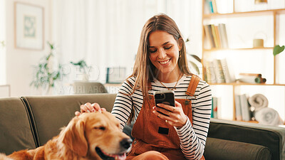 Buy stock photo Phone, relax and woman on sofa with dog for bonding, reading or social media scroll at home on day off. Smartphone, smile and female person in living room with golden retriever, love and search