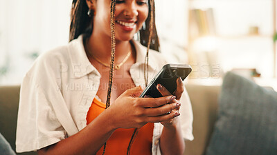 Buy stock photo Smile, hands and woman with smartphone in home for social media, reading forum or ebook. Person, mobile and relax on sofa with chat app for communication, text notification or download game online