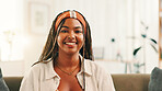 Happy, relax and portrait of black woman on sofa in home for calm morning on weekend for break. Smile, peace and face of African female person with confidence on couch in living room of apartment.