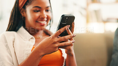 Buy stock photo Smile, hands and woman with mobile in home for social media, reading forum and ebook. Person, smartphone and relax on sofa with chat app for communication, text notification or download game online