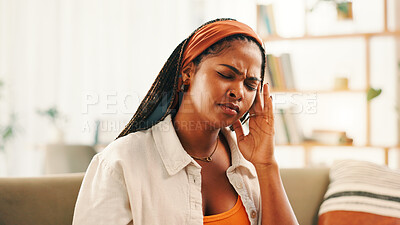 Buy stock photo Burnout, headache and stress with woman on sofa in living room of home for break, recovery or rest. Anxiety, migraine or tension and person in apartment with symptoms of discomfort, fatigue or pain
