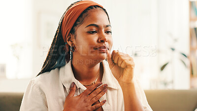 Buy stock photo Home, sick and woman on couch, cough and disease with illness, pneumonia and bronchitis in living room. Apartment, person and girl on sofa, cold or allergy with chest pain, sinus or asthma symptoms