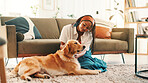 Stroke, relax or black woman in home with dog, support or companion in living room with care or love. Animal adoption, affection or girl in house with golden retriever, best friend or pet for bonding