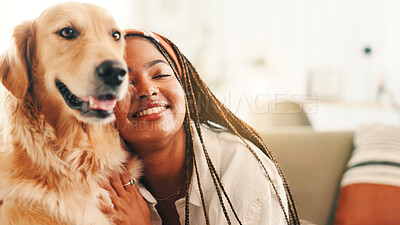 Buy stock photo Hug, relax or happy woman on sofa with dog, support or companion in house with care or love. Animal adoption, affection or person in apartment with golden retriever, best friend or pet for bonding