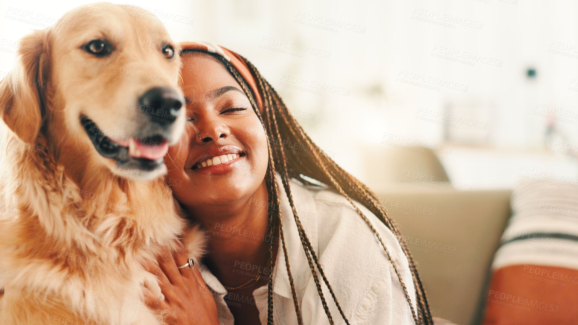 Buy stock photo Hug, relax or happy woman on sofa with dog, support or companion in house with care or love. Animal adoption, affection or person in apartment with golden retriever, best friend or pet for bonding