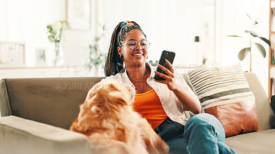 Buy stock photo Smartphone, relax and black woman on sofa with dog for bonding, reading or social media scroll at home on day off. Phone, smile and female person in living room with golden retriever, love and search