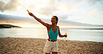 Bubbles, excitement and having fun with woman on beach in summer for holiday or vacation. Energy, freedom and smile of happy person on sand of tropical island paradise for adventure or travel