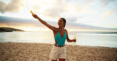 Buy stock photo Bubbles, excitement and having fun with woman on beach in summer for holiday or vacation. Energy, freedom and smile of happy person on sand of tropical island paradise for adventure or travel