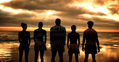 Buy stock photo Group, back and friends at sunset, beach and together with solidarity, nature or reunion on vacation in summer. People, outdoor and clouds at dusk, waves and connection on holiday silhouette at ocean