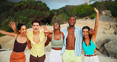 Buy stock photo Portrait, friends and hug with smile on beach for travel celebration, freedom and summer holiday. Excited, people and embrace for achievement of vacation trip, tropical island and getaway opportunity