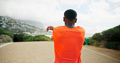 Buy stock photo Man, back or stretching arms on road for running exercise, body health or fitness training. Runner, muscle warm up or healthy male athlete on street with wellness, mobility workout and outdoor sports