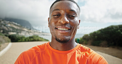 Buy stock photo Portrait, outdoor and black man with exercise, fitness and challenge with progress, training and confidence. African person, face and runner in street, practice for marathon or sweating with wellness