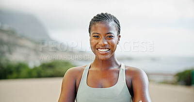 Buy stock photo Portrait, outdoor and black woman with smile, exercise and challenge with wellness, progress and confidence. African person, face and runner in street, training for marathon and practice with pride