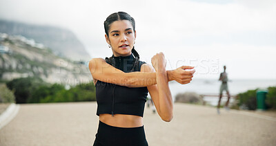 Buy stock photo Thinking, runner or woman stretching on road for running exercise, health and fitness training. Ideas, muscle warm up or female athlete on street with wellness, mobility workout or outdoor sports