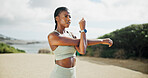 African, runner or woman stretching on road for running exercise, thinking and fitness training. Ideas, muscle warm up or female athlete on street with wellness, mobility workout or outdoor sports