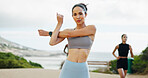 Woman, portrait or stretching arms on road for running exercise, body health or fitness training. Runner, muscle warm up or female athlete on street with wellness, mobility workout or outdoor sports