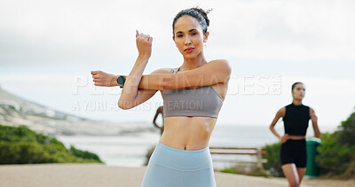 Buy stock photo Woman, portrait or stretching arms on road for running exercise, body health or fitness training. Runner, muscle warm up or female athlete on street with wellness, mobility workout or outdoor sports